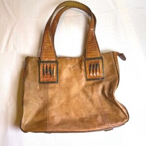 M.C. Vintage Tan Leather Tote Bag Croc Embossed Shoulder Bag Cognac